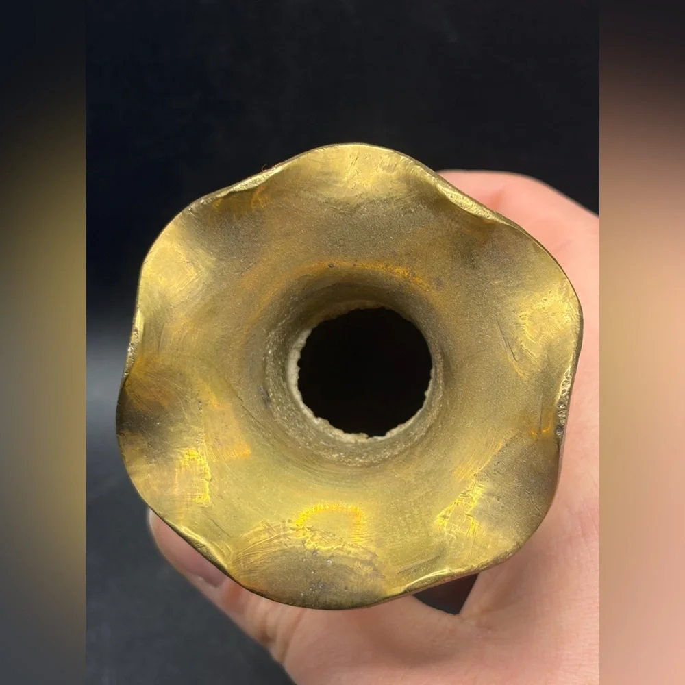 Vintage Etched Enamel Brass Ruffle Rim Bud Vase Table Vase Boho Eclectic Decor - Picture 11 of 14